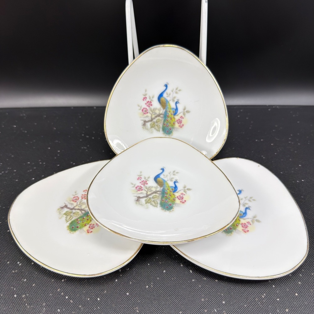 Cerpac Peru Peacock Porcelain Plate Dish Set 4 Triangular Gold Rim Butter Pat - Picture 10 of 10